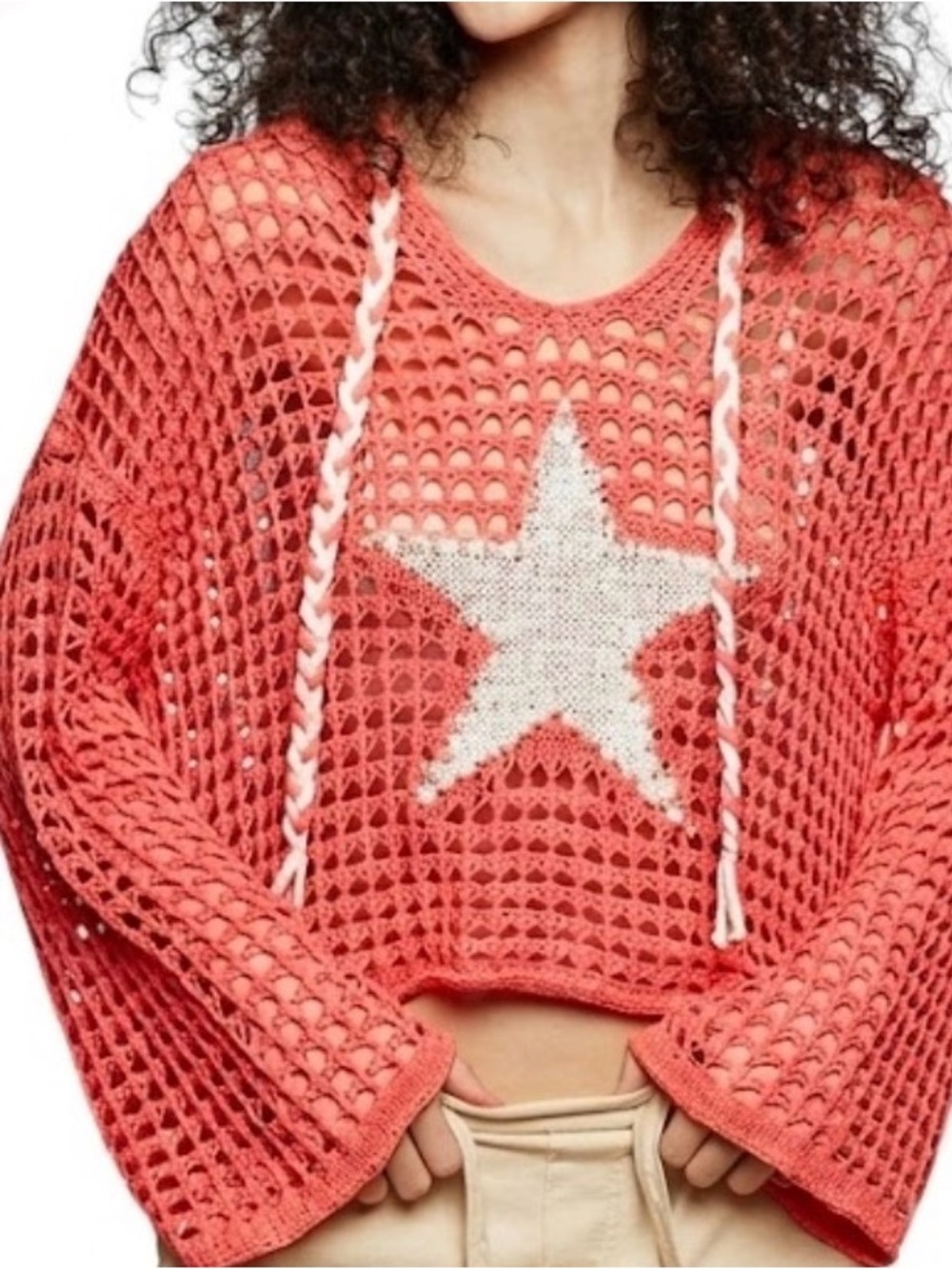 🆕wot POL Coral Crochet Star V-Neck Hoodie Thin Sweater or Cover Up Large